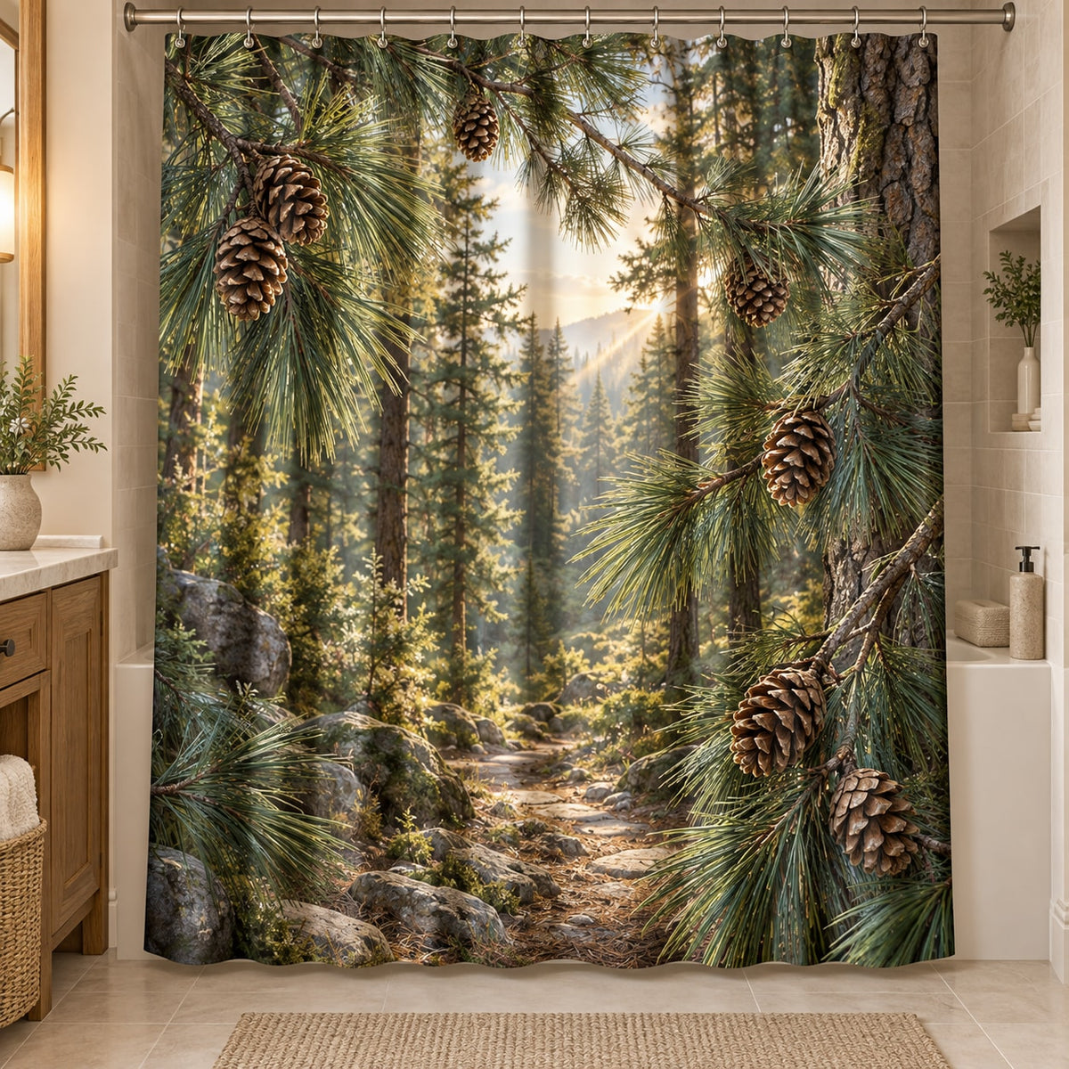 Pinecones and Needles Shower Curtain with dimensional printed themed artwork; representative AI-generated mockup.