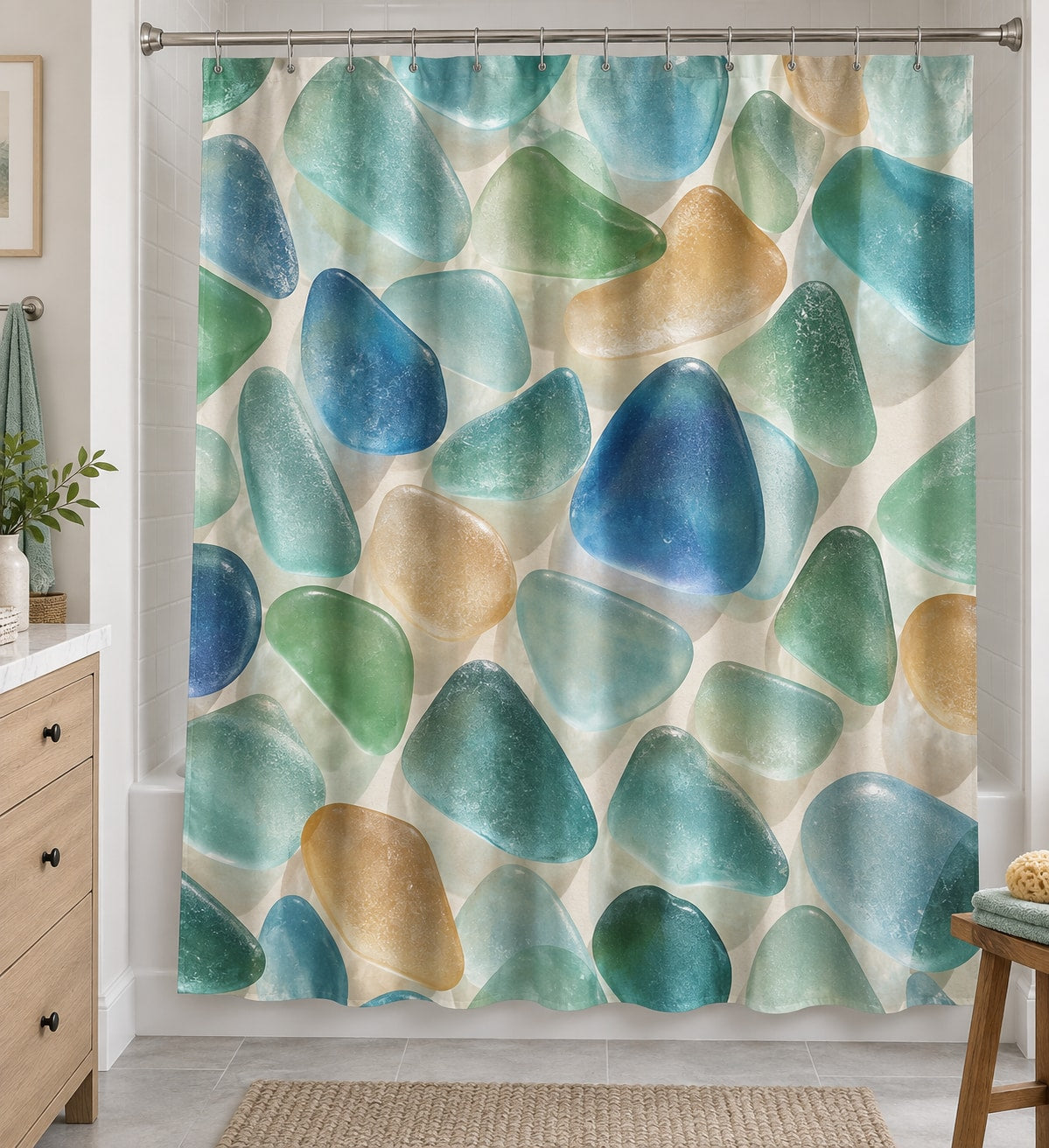 Sea Glass Shapes Shower Curtain with dimensional printed themed artwork; representative AI-generated mockup.