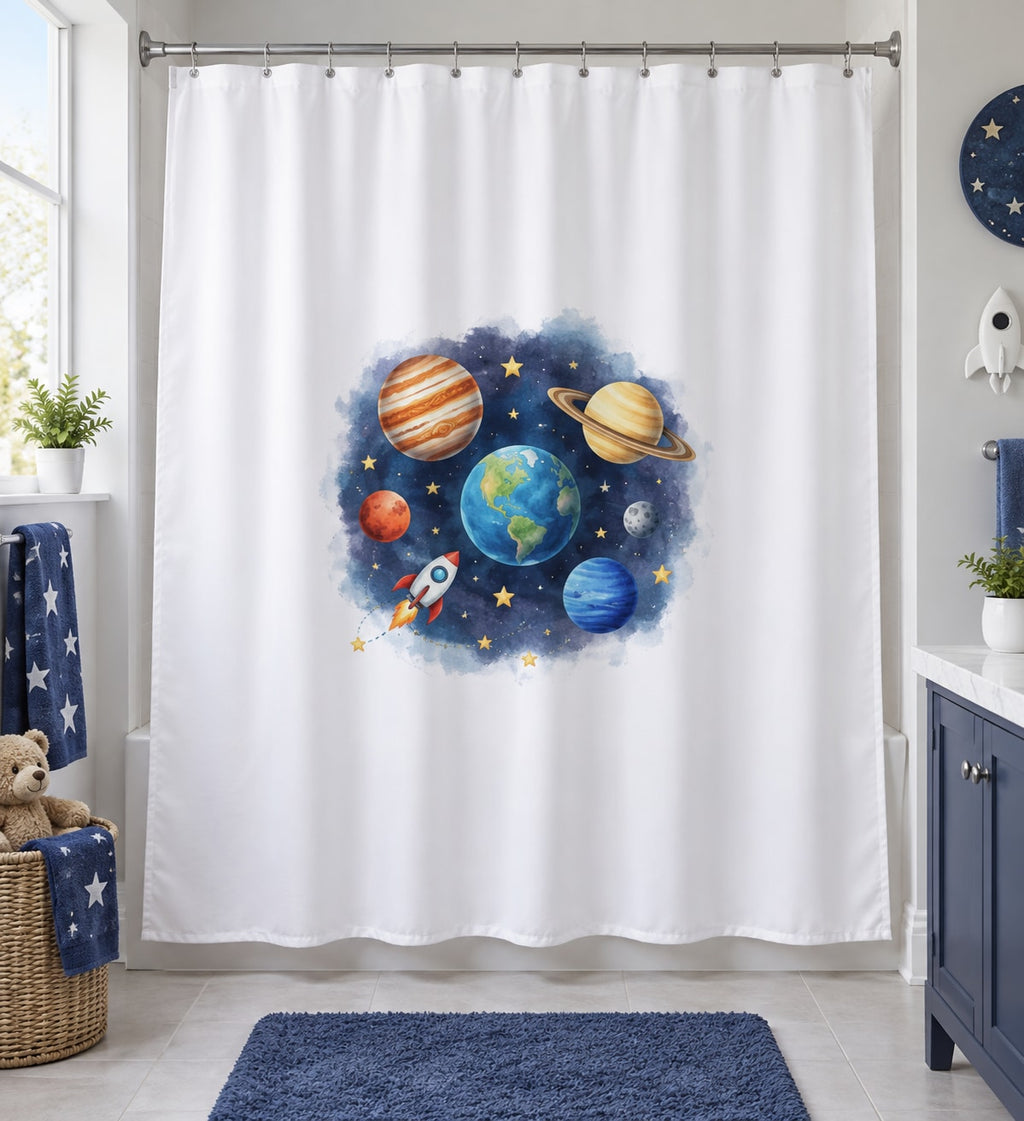 Space Explorer Planets Shower Curtain with dimensional printed themed artwork; representative AI-generated mockup.