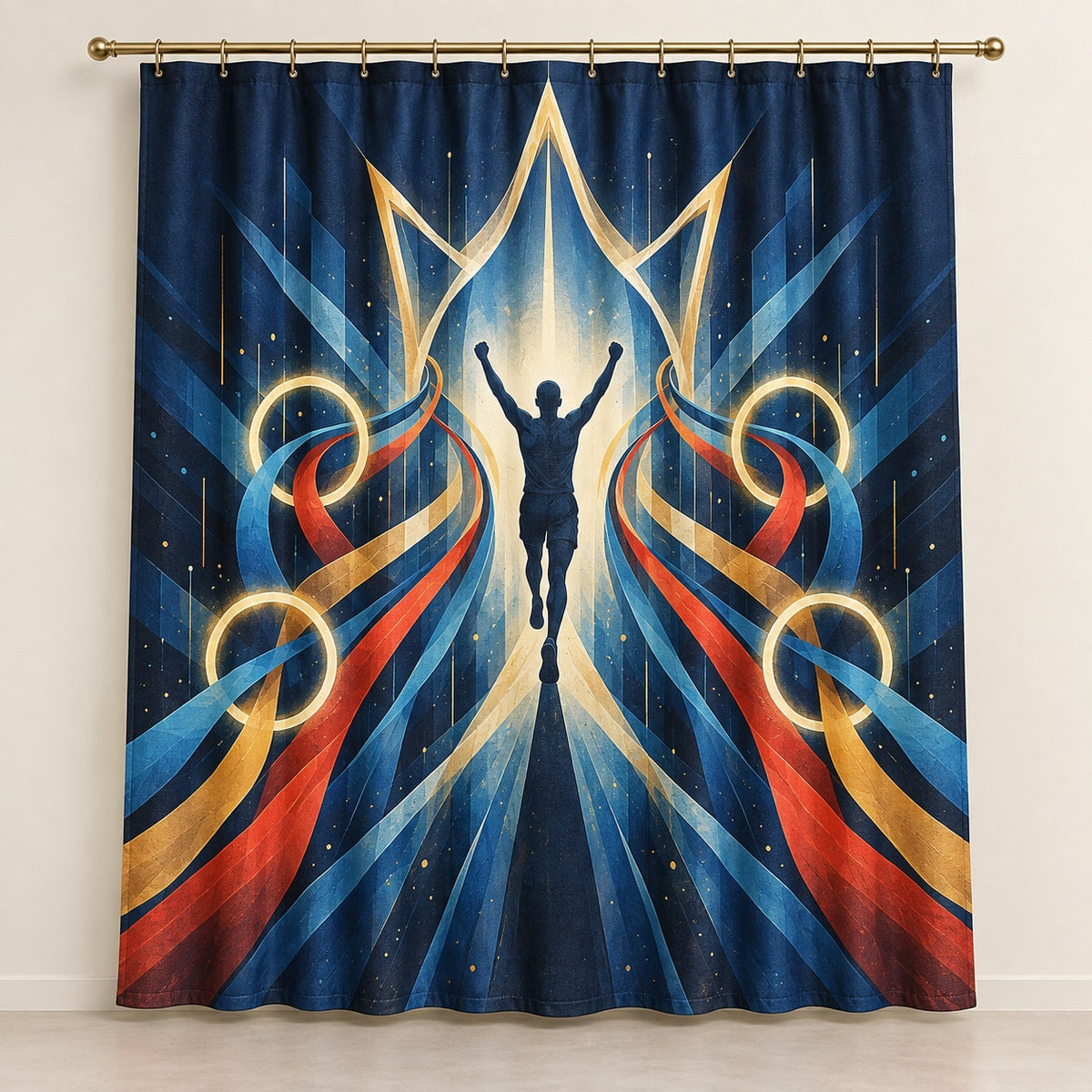 Cadence Crown Convergence Shower Curtain with dimensional printed themed artwork; representative AI-generated mockup.
