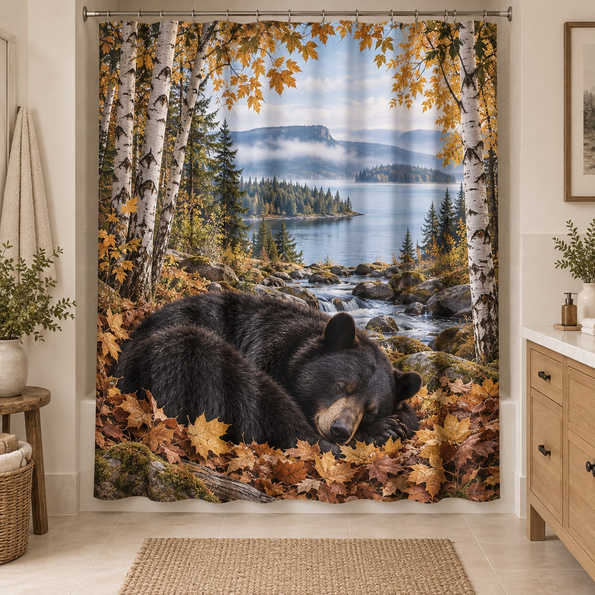Sleeping Bear Leaves Shower Curtain with dimensional printed themed artwork; representative AI-generated mockup.