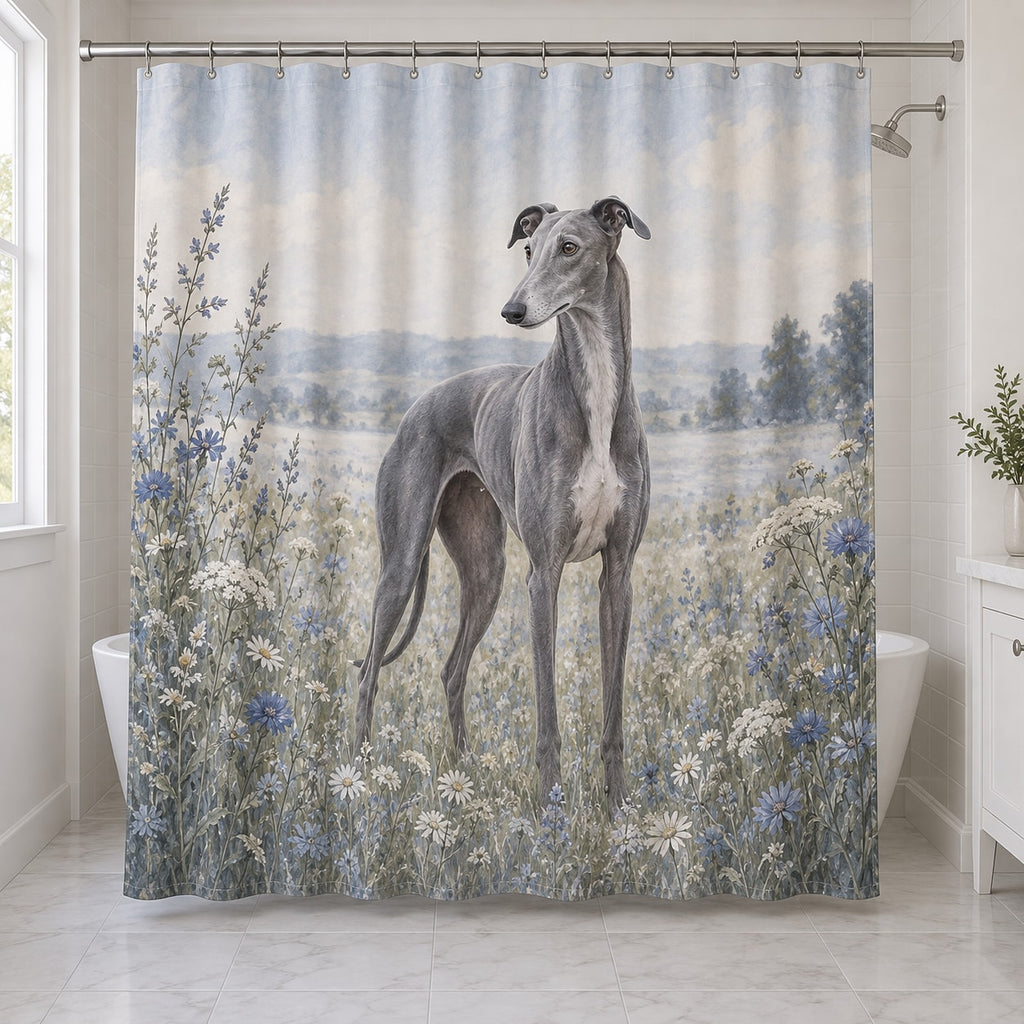 Greyhound Shower Curtain with dimensional printed themed artwork; representative AI-generated mockup.
