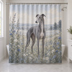 Greyhound Shower Curtain with dimensional printed themed artwork; representative AI-generated mockup.