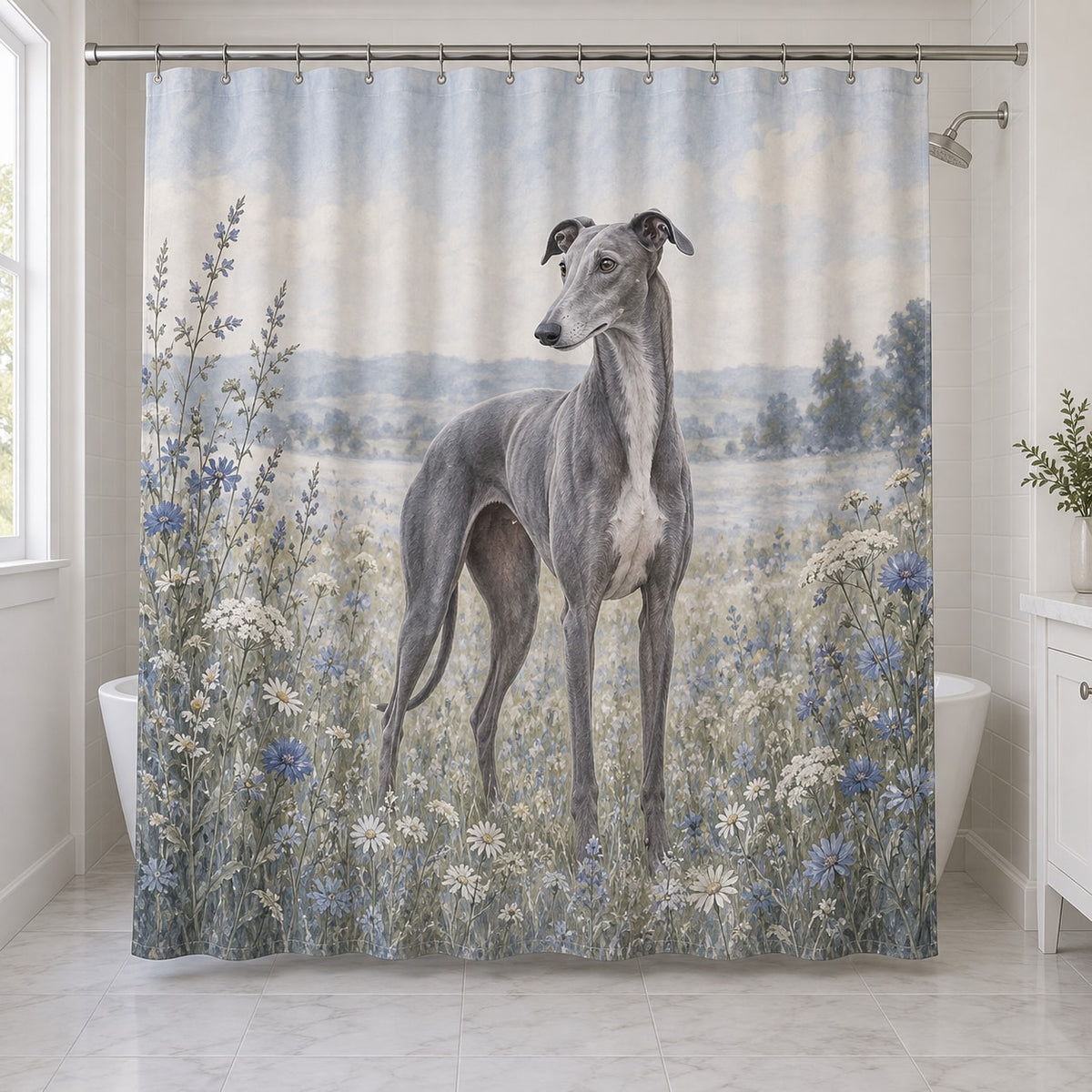 Greyhound Shower Curtain with dimensional printed themed artwork; representative AI-generated mockup.