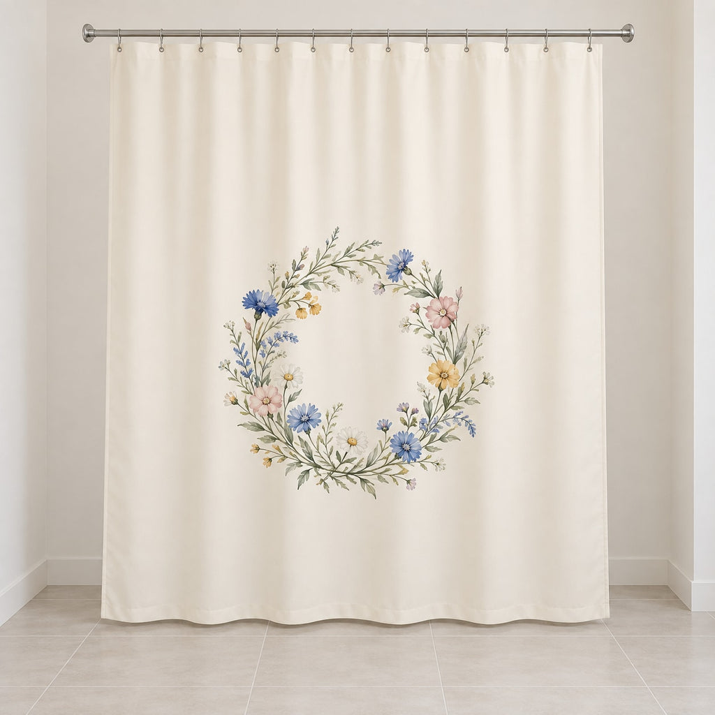 Wildflower Wedding Garden Shower Curtain with dimensional printed themed artwork; representative AI-generated mockup.
