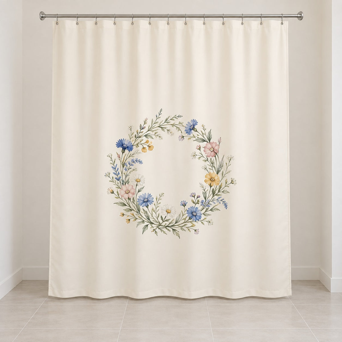 Wildflower Wedding Garden Shower Curtain with dimensional printed themed artwork; representative AI-generated mockup.