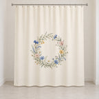 Wildflower Wedding Garden Shower Curtain with dimensional printed themed artwork; representative AI-generated mockup.