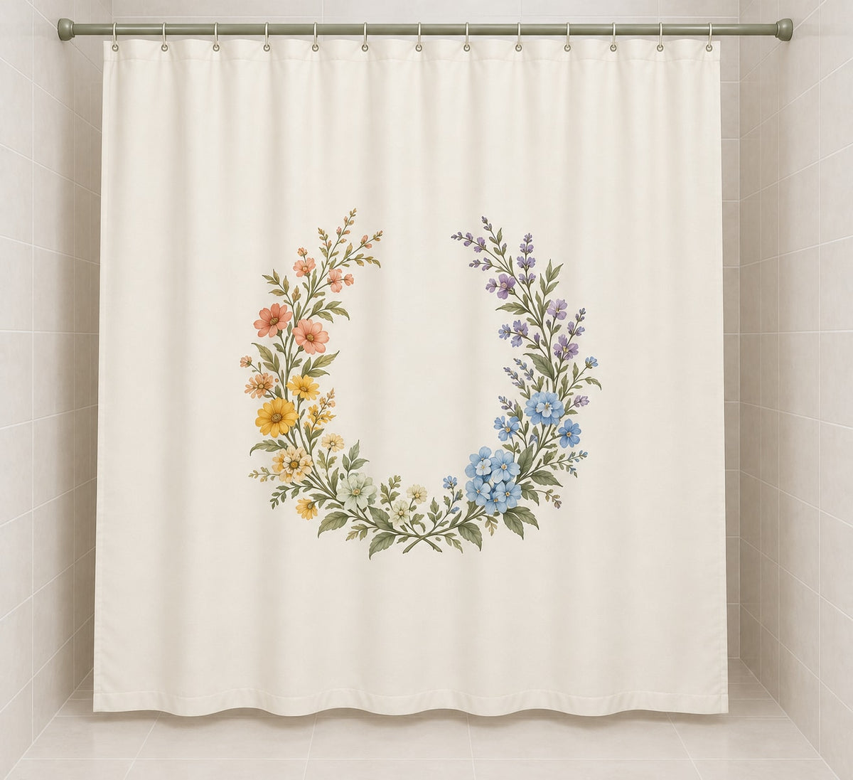 Rainbow Garden Celebration Wreath Shower Curtain with dimensional printed themed artwork; representative AI-generated mockup.