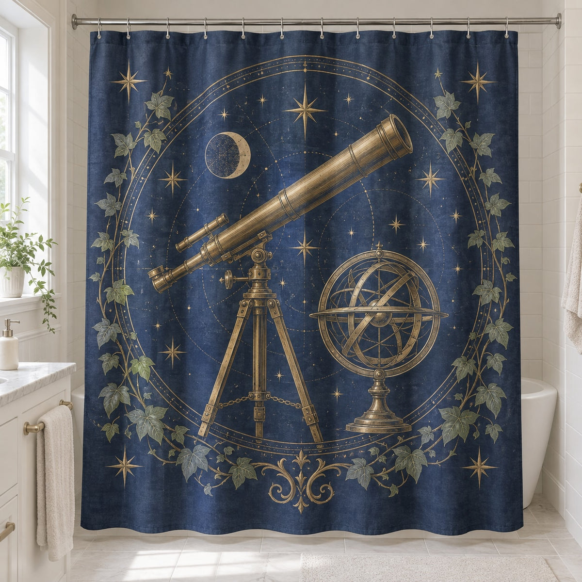Ancient Observatory Shower Curtain with dimensional printed themed artwork; representative AI-generated mockup.
