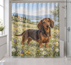 Dachshund Shower Curtain with dimensional printed themed artwork; representative AI-generated mockup.