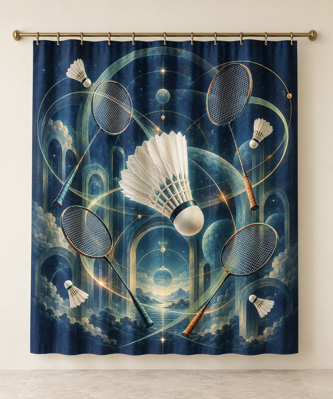 Featherflight Club Atlas Shower Curtain with dimensional printed themed artwork; representative AI-generated mockup.