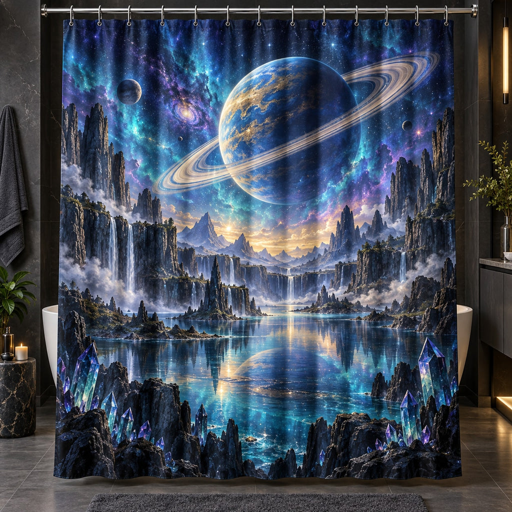 Ringed Planet Shower Curtain with dimensional printed themed artwork; representative AI-generated mockup.