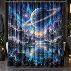 Ringed Planet Shower Curtain with dimensional printed themed artwork; representative AI-generated mockup.
