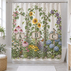 Alphabet Garden Shower Curtain with dimensional printed themed artwork; representative AI-generated mockup.