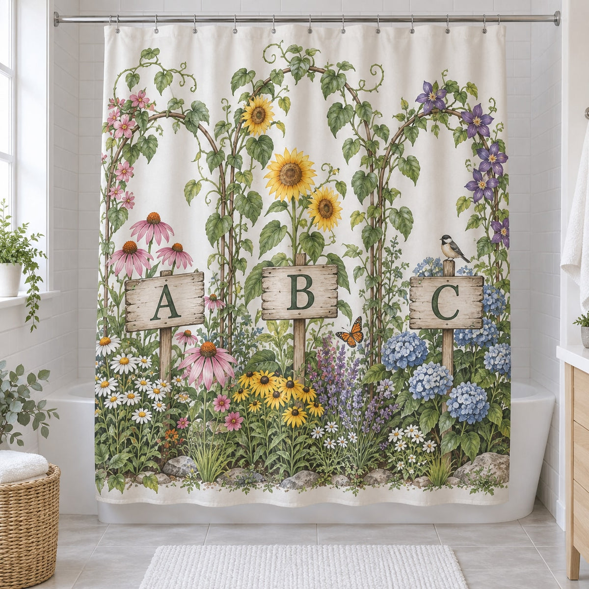 Alphabet Garden Shower Curtain with dimensional printed themed artwork; representative AI-generated mockup.