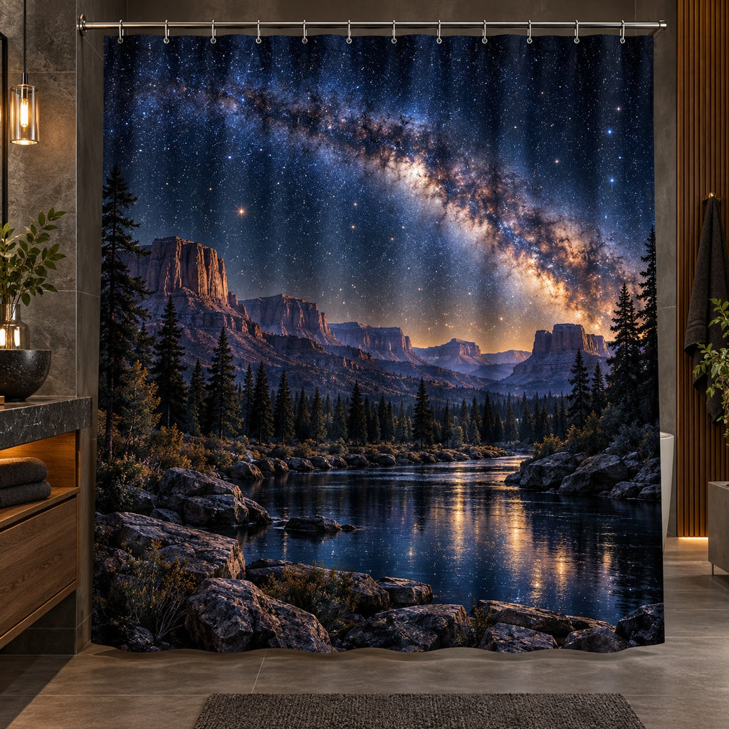 Milky Way Arch Shower Curtain with dimensional printed themed artwork; representative AI-generated mockup.