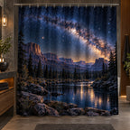 Milky Way Arch Shower Curtain with dimensional printed themed artwork; representative AI-generated mockup.