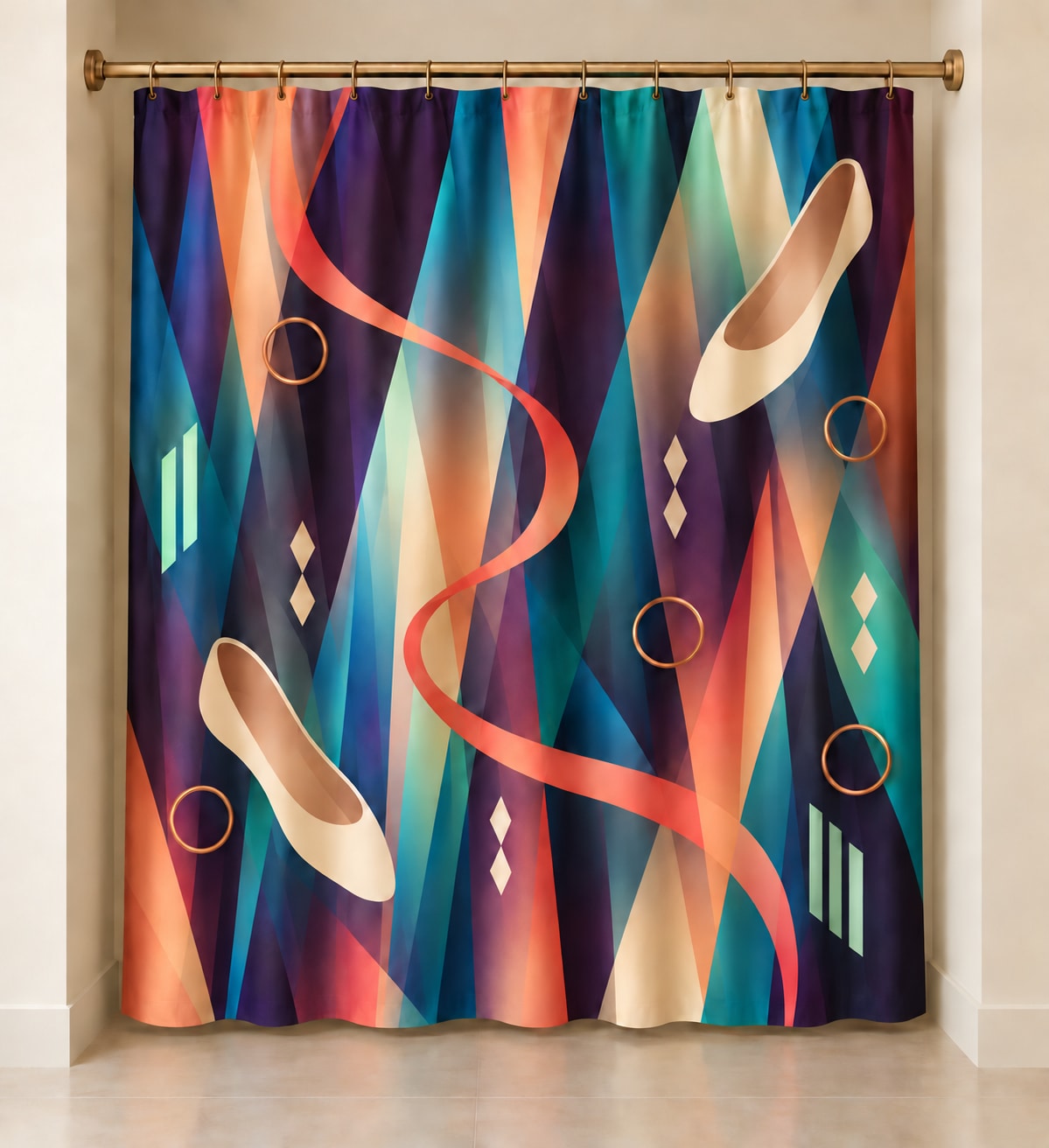 Tempo Lantern Rehearsal Shower Curtain with dimensional printed themed artwork; representative AI-generated mockup.