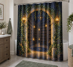 Enchanted Library Arch Shower Curtain with dimensional printed themed artwork; representative AI-generated mockup.