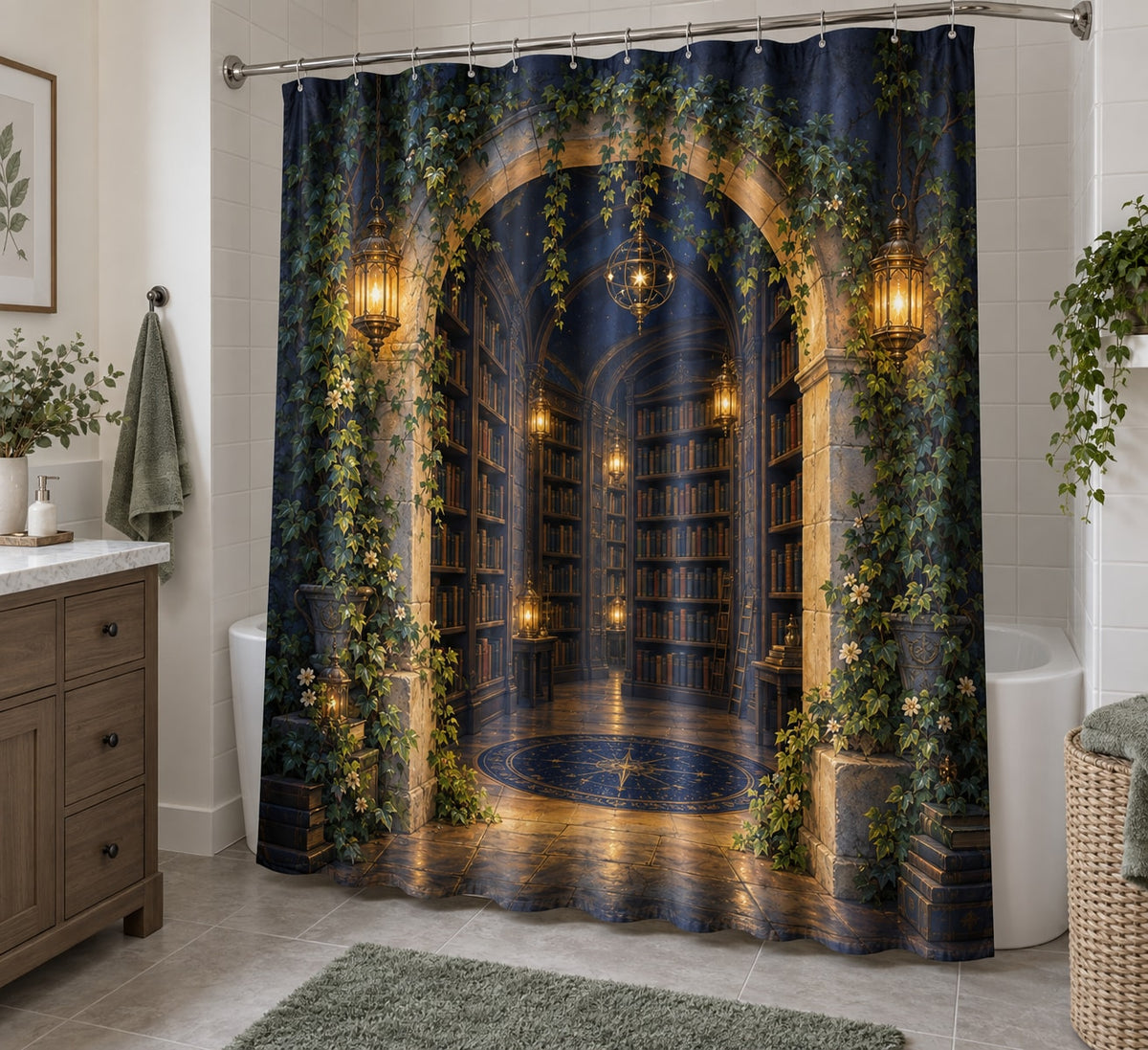 Enchanted Library Arch Shower Curtain with dimensional printed themed artwork; representative AI-generated mockup.