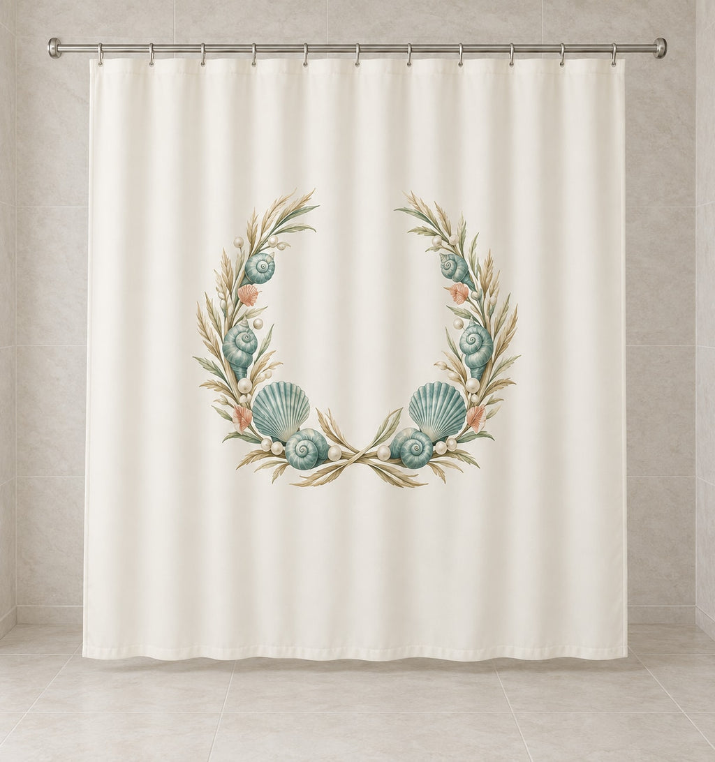 Coastal Shell Wedding Shower Curtain with dimensional printed themed artwork; representative AI-generated mockup.