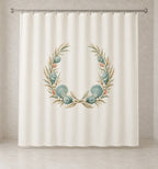 Coastal Shell Wedding Shower Curtain with dimensional printed themed artwork; representative AI-generated mockup.