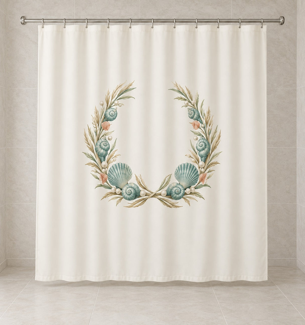 Coastal Shell Wedding Shower Curtain with dimensional printed themed artwork; representative AI-generated mockup.