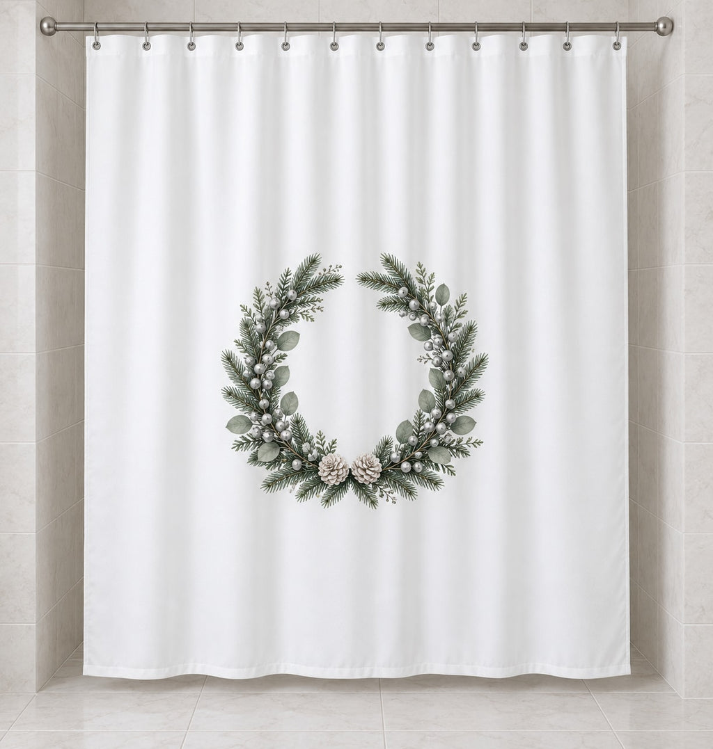 Winter Evergreen Wedding Wreath Shower Curtain with dimensional printed themed artwork; representative AI-generated mockup.