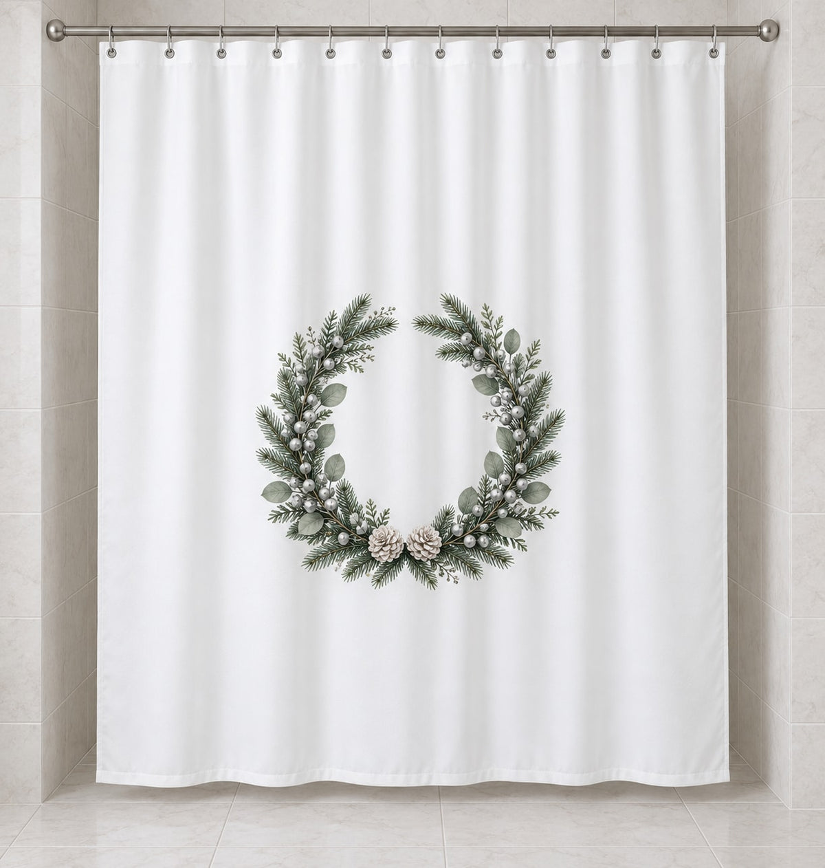 Winter Evergreen Wedding Wreath Shower Curtain with dimensional printed themed artwork; representative AI-generated mockup.