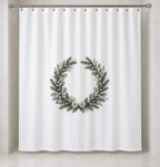 Winter Evergreen Wedding Wreath Shower Curtain with dimensional printed themed artwork; representative AI-generated mockup.