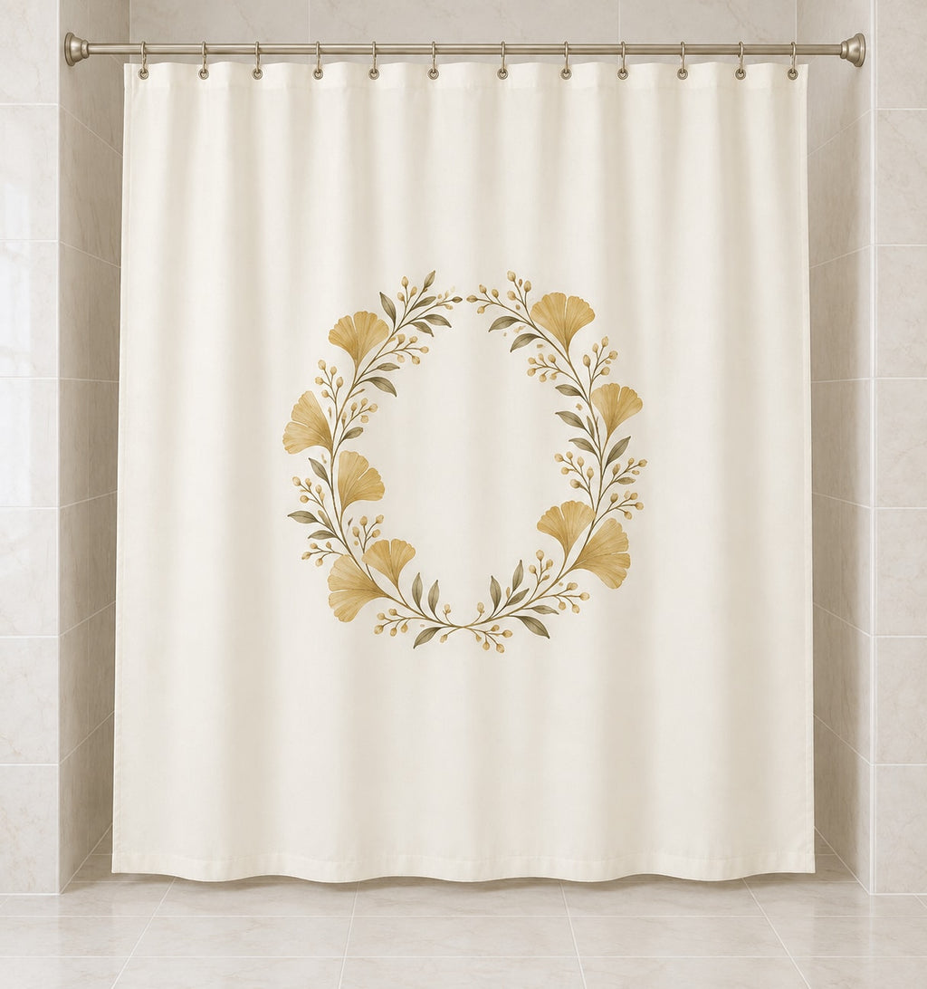 Golden Anniversary Ginkgo Halo Shower Curtain with dimensional printed themed artwork; representative AI-generated mockup.