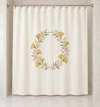 Golden Anniversary Ginkgo Halo Shower Curtain with dimensional printed themed artwork; representative AI-generated mockup.