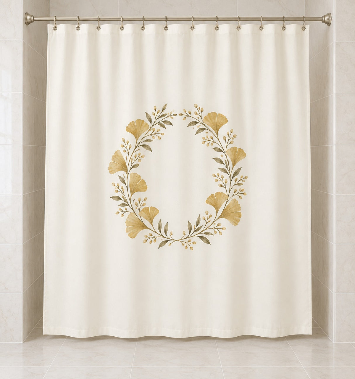 Golden Anniversary Ginkgo Halo Shower Curtain with dimensional printed themed artwork; representative AI-generated mockup.
