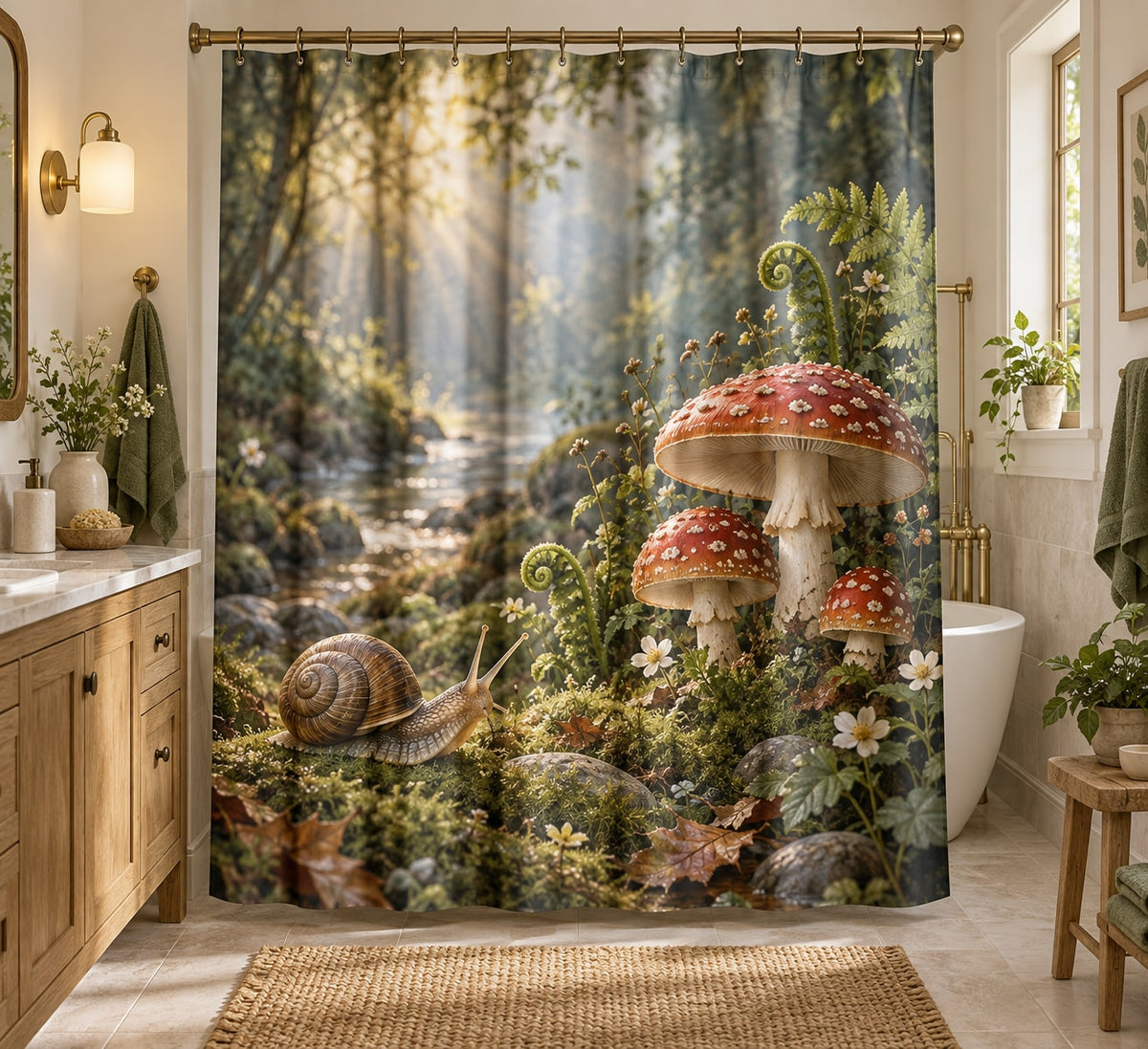Snail and Toadstool Shower Curtain with dimensional printed themed artwork; representative AI-generated mockup.