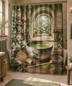 Matcha Ritual Shower Curtain with dimensional printed themed artwork; representative AI-generated mockup.