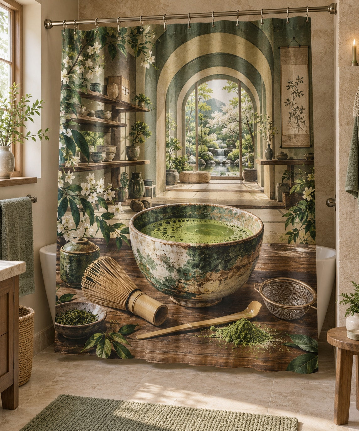 Matcha Ritual Shower Curtain with dimensional printed themed artwork; representative AI-generated mockup.