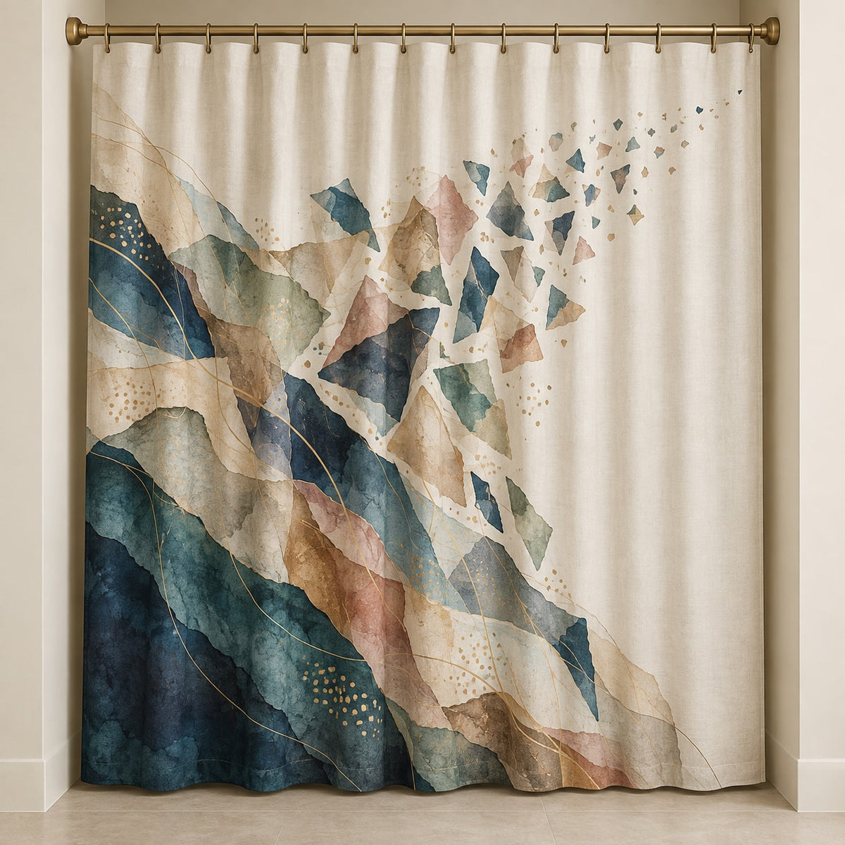 Keepsake Vellum Parallax Shower Curtain with dimensional printed themed artwork; representative AI-generated mockup.