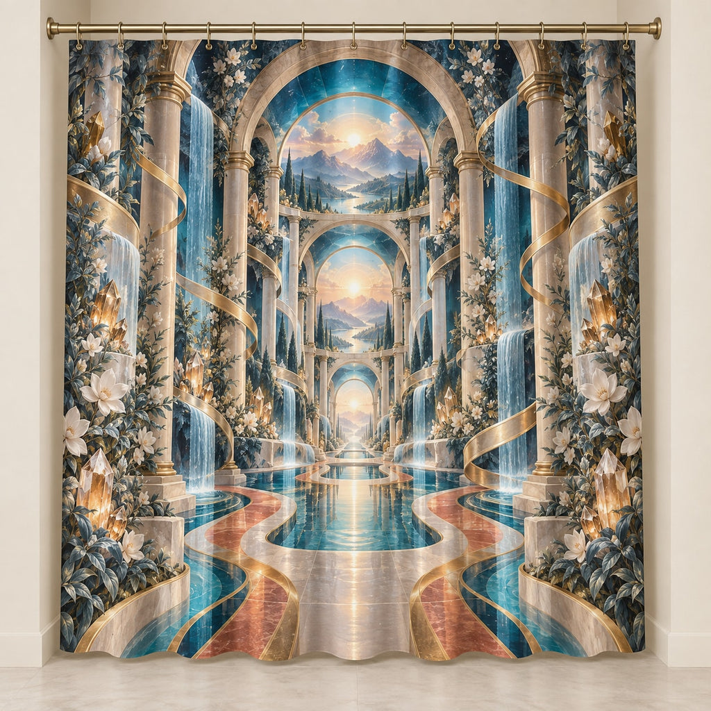 Physical Therapy Motion Atrium Shower Curtain with dimensional printed themed artwork; representative AI-generated mockup.