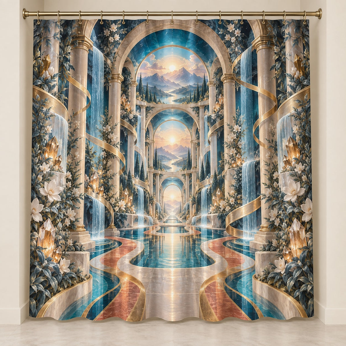 Physical Therapy Motion Atrium Shower Curtain with dimensional printed themed artwork; representative AI-generated mockup.