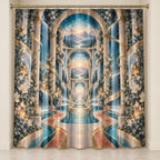 Physical Therapy Motion Atrium Shower Curtain with dimensional printed themed artwork; representative AI-generated mockup.