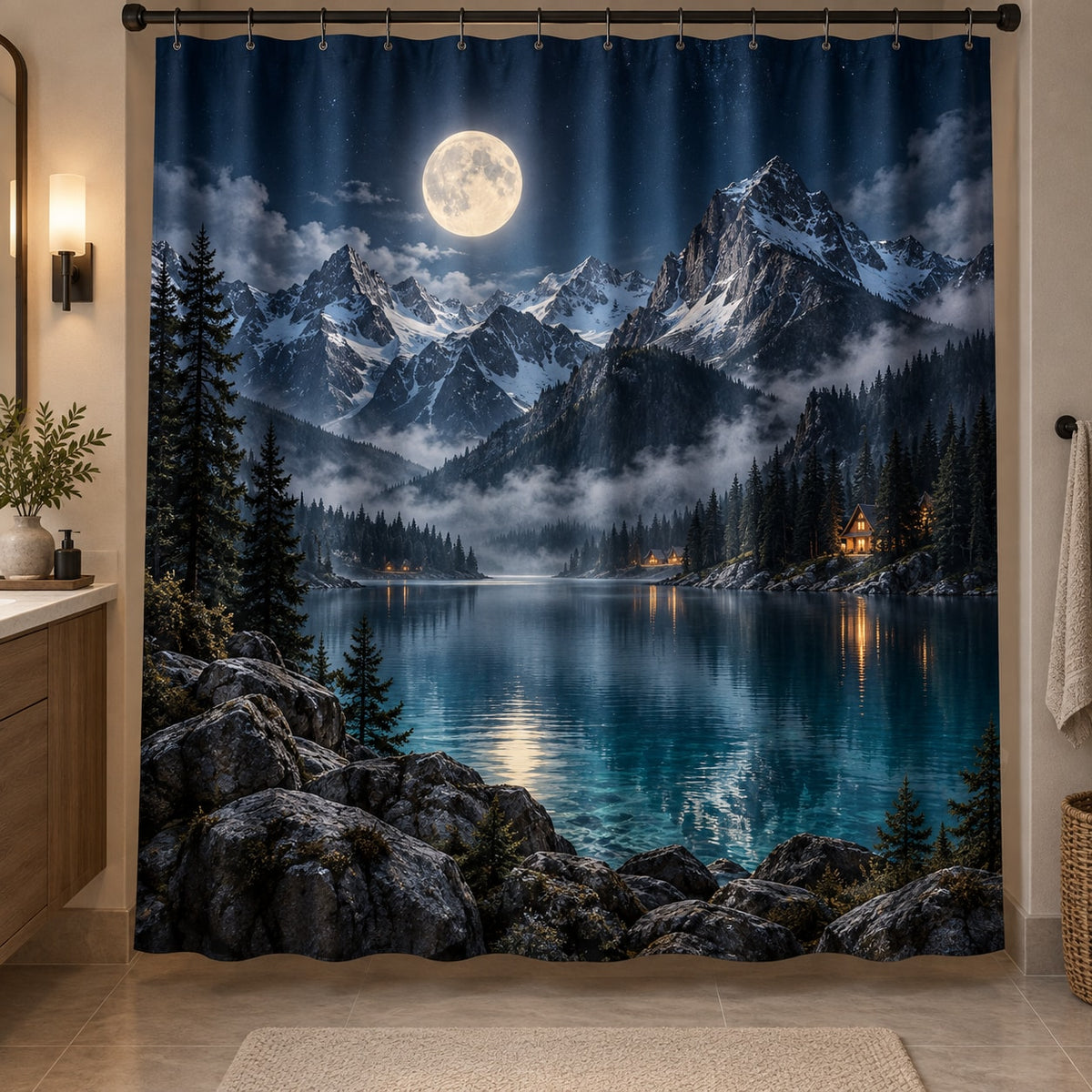 Moon Mountain Landscape Shower Curtain with dimensional printed themed artwork; representative AI-generated mockup.
