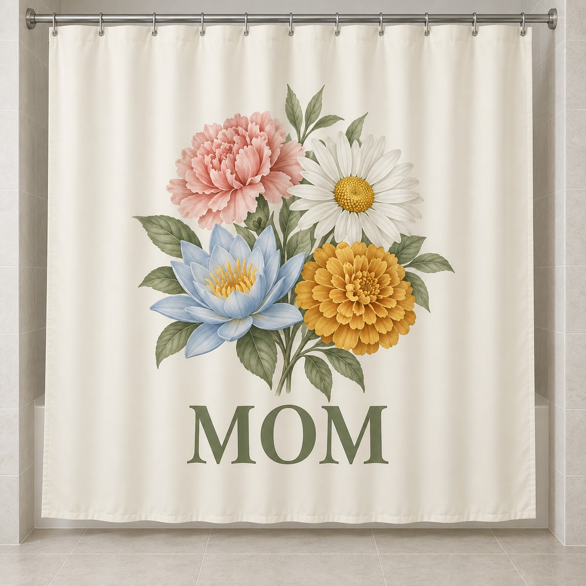 Mother Family Birth Flowers Shower Curtain with dimensional printed themed artwork; representative AI-generated mockup.