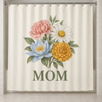 Mother Family Birth Flowers Shower Curtain with dimensional printed themed artwork; representative AI-generated mockup.