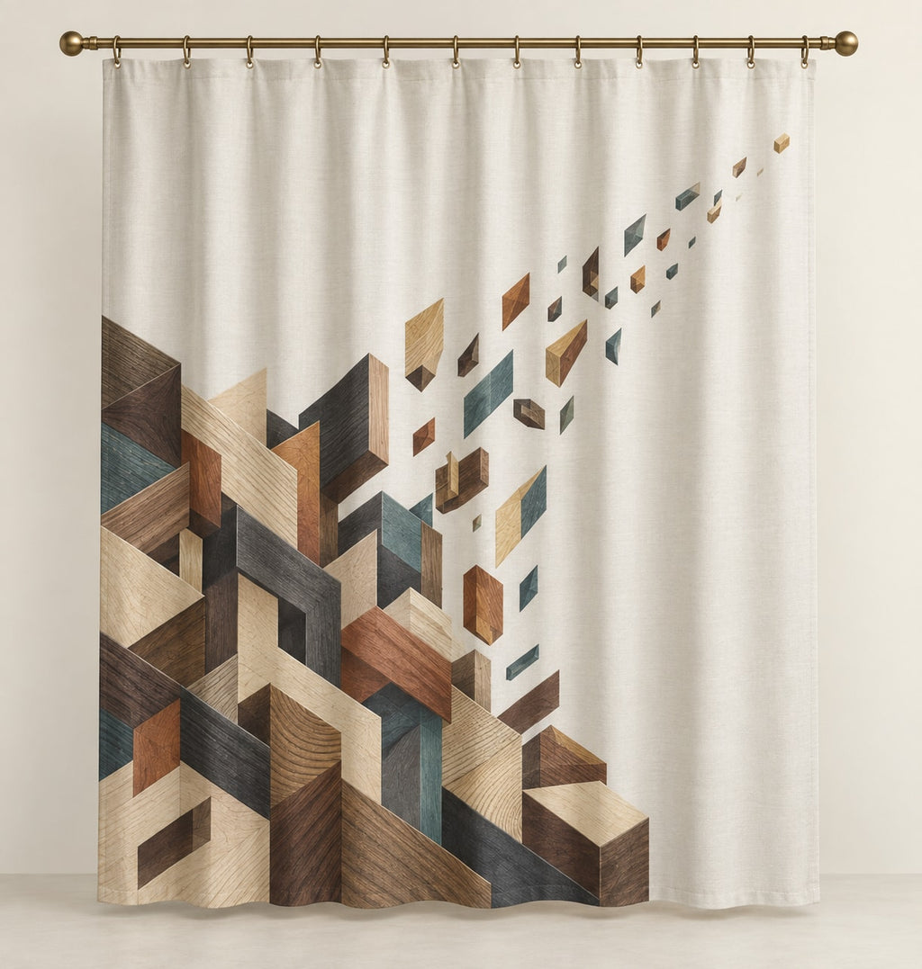 Joinery Strata Cascade Shower Curtain with dimensional printed themed artwork; representative AI-generated mockup.