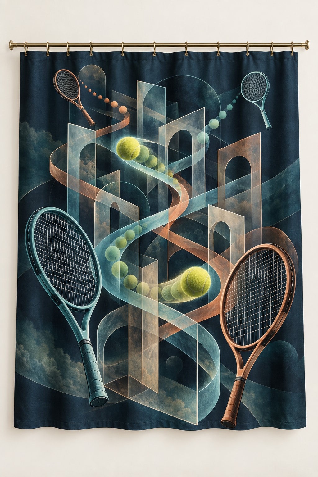 Doubles Rally Labyrinth Shower Curtain with dimensional printed themed artwork; representative AI-generated mockup.
