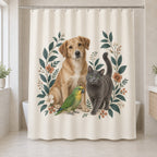 Multi Pet Household Shower Curtain with dimensional printed themed artwork; representative AI-generated mockup.