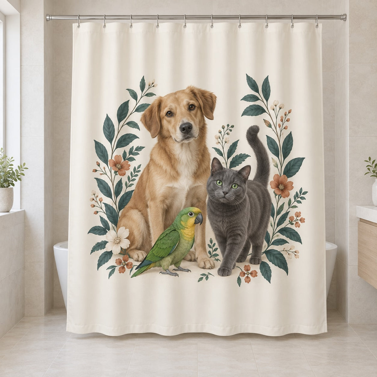 Multi Pet Household Shower Curtain with dimensional printed themed artwork; representative AI-generated mockup.