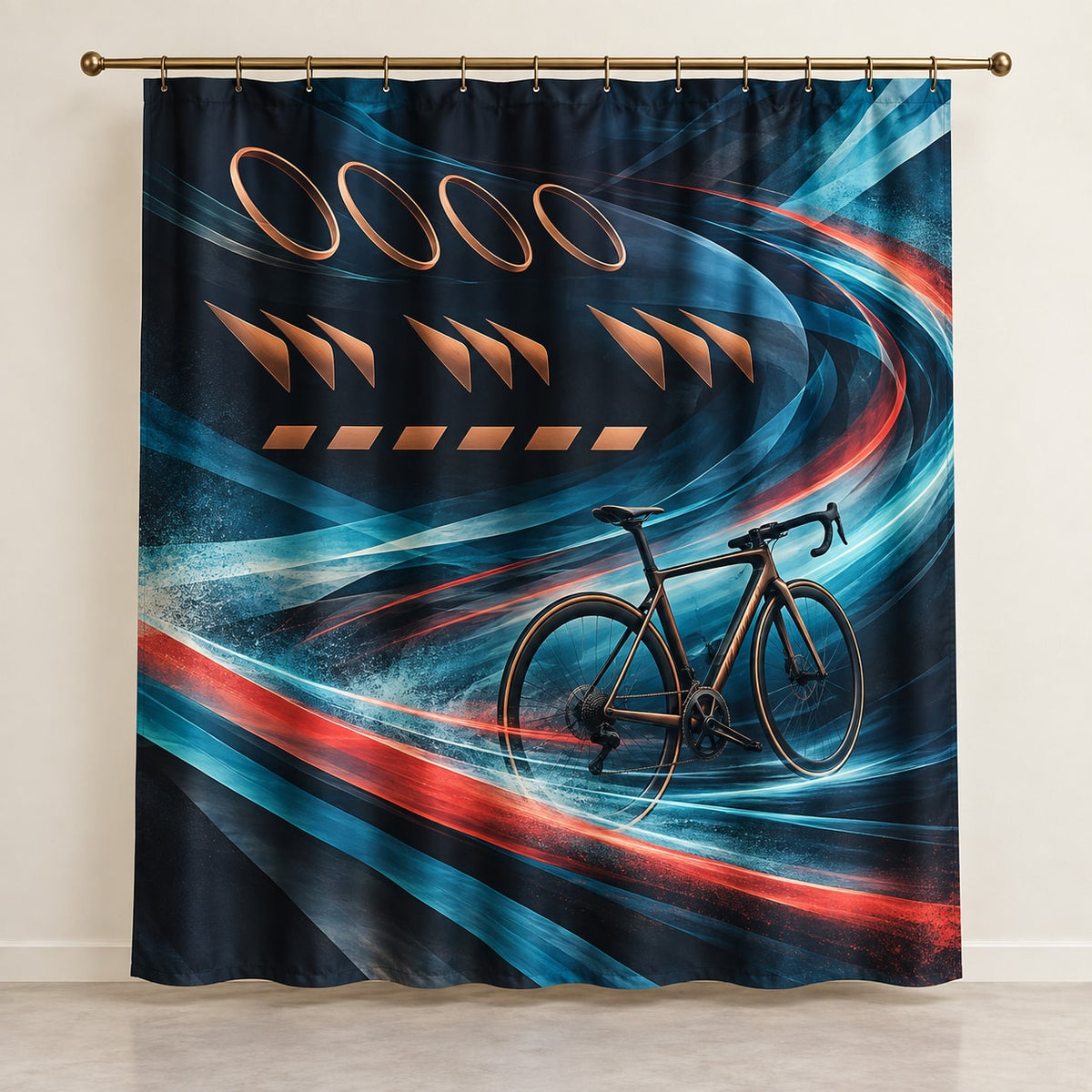 Slipstream Aurora Circuit Shower Curtain with dimensional printed themed artwork; representative AI-generated mockup.