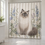 Ragdoll Cat Companion Shower Curtain with dimensional printed themed artwork; representative AI-generated mockup.