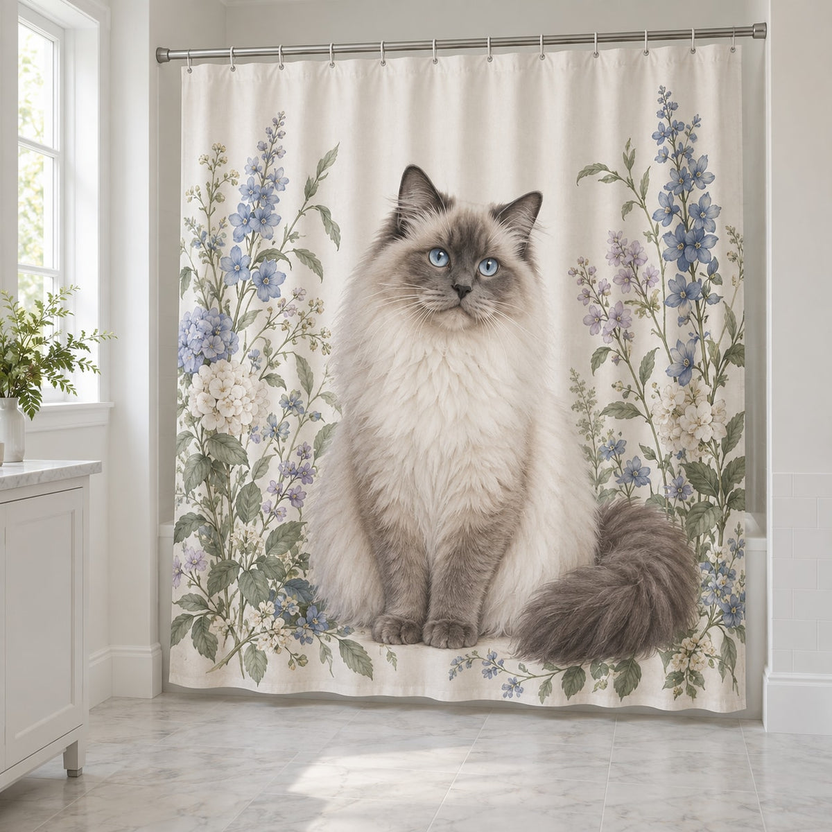 Ragdoll Cat Companion Shower Curtain with dimensional printed themed artwork; representative AI-generated mockup.